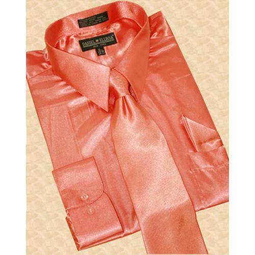 Daniel Ellissa Satin Salmon Dress Shirt/Tie/Hanky Set